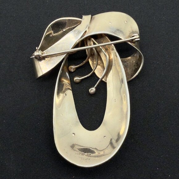 Vtg Sterling Silver Castlecliff Statement Bow Ribbon Brooch Pin Rhinestone NOTE - Picture 2 of 12